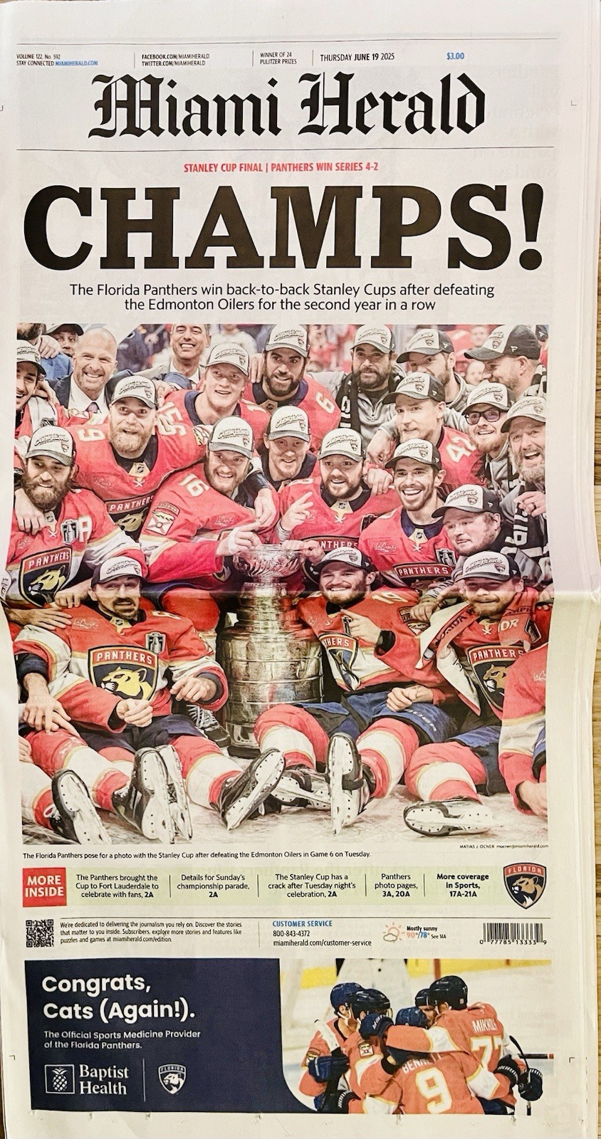 🏆FLORIDA PANTHERS 2025 (Back to Back) CHAMPIONS MIAMI HERALD NEWSPAPER