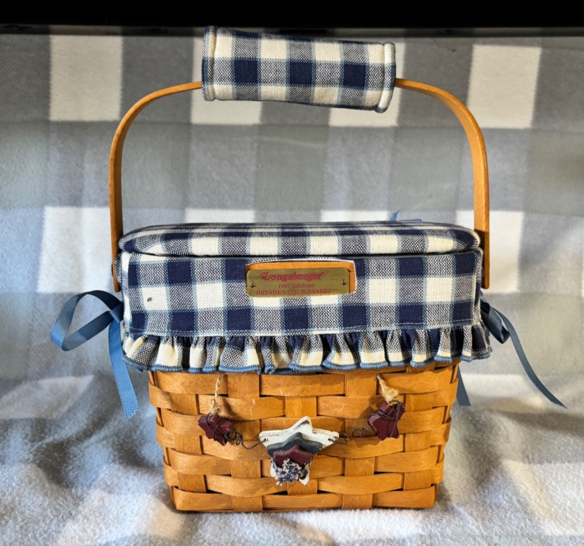 Vintage 1997 Longaberger Dresden Tour Basket- Blue Plaid w/tie on