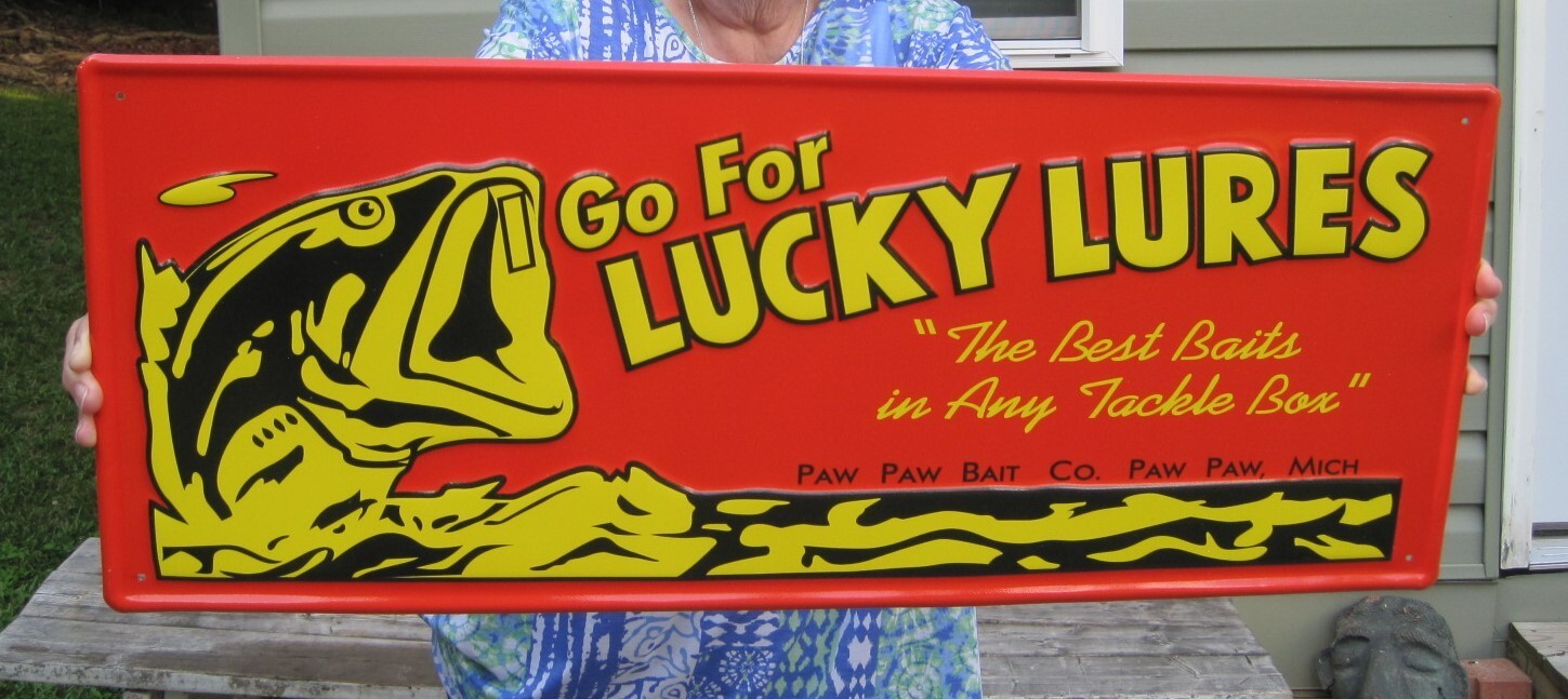 Lucky Fishing Lures Paw Paw Bait Co. Michigan Metal Embossed Advertising Sign