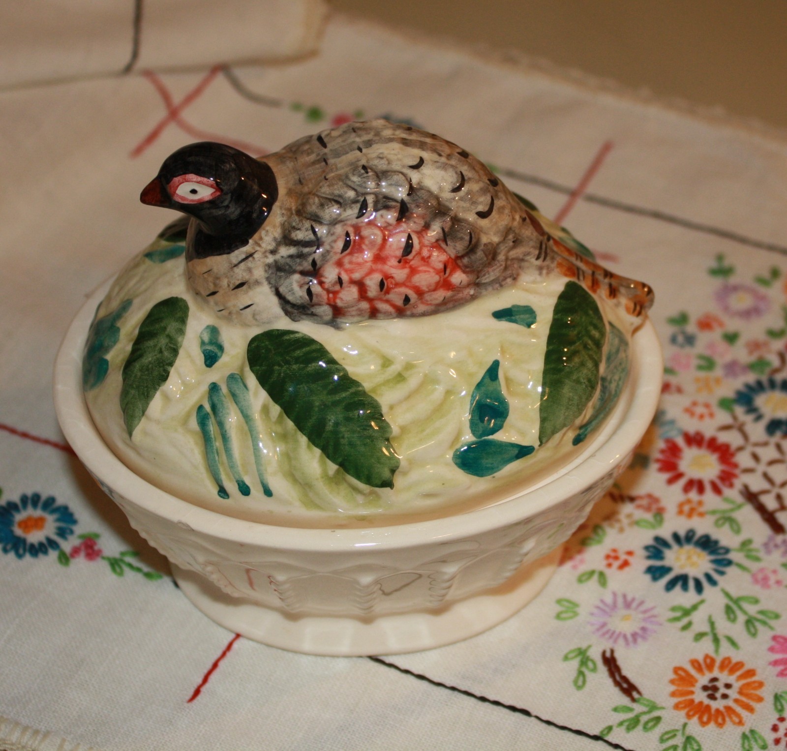 Vintage small ceramic pheasant tureen with lid, textured figure on leaf & basket