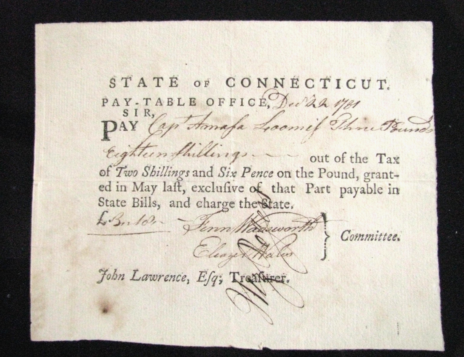 REVOLUTIONARY WAR OFFICERS PAY LEBANON CONNECTICUT 1781