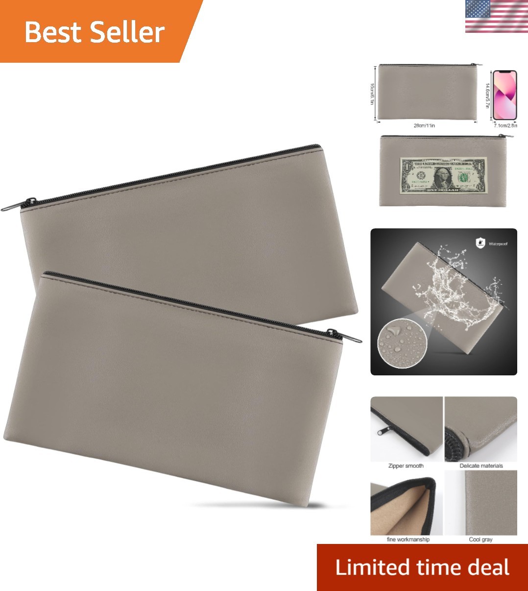 Elegant 2-Piece Grey Money Bag Set with Zipper - Perfect for Cash and Cosmetics