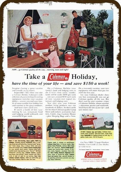 1966 COLEMAN Camping Equipment & Family Camp DECORATIVE REPLICA METAL SIGN