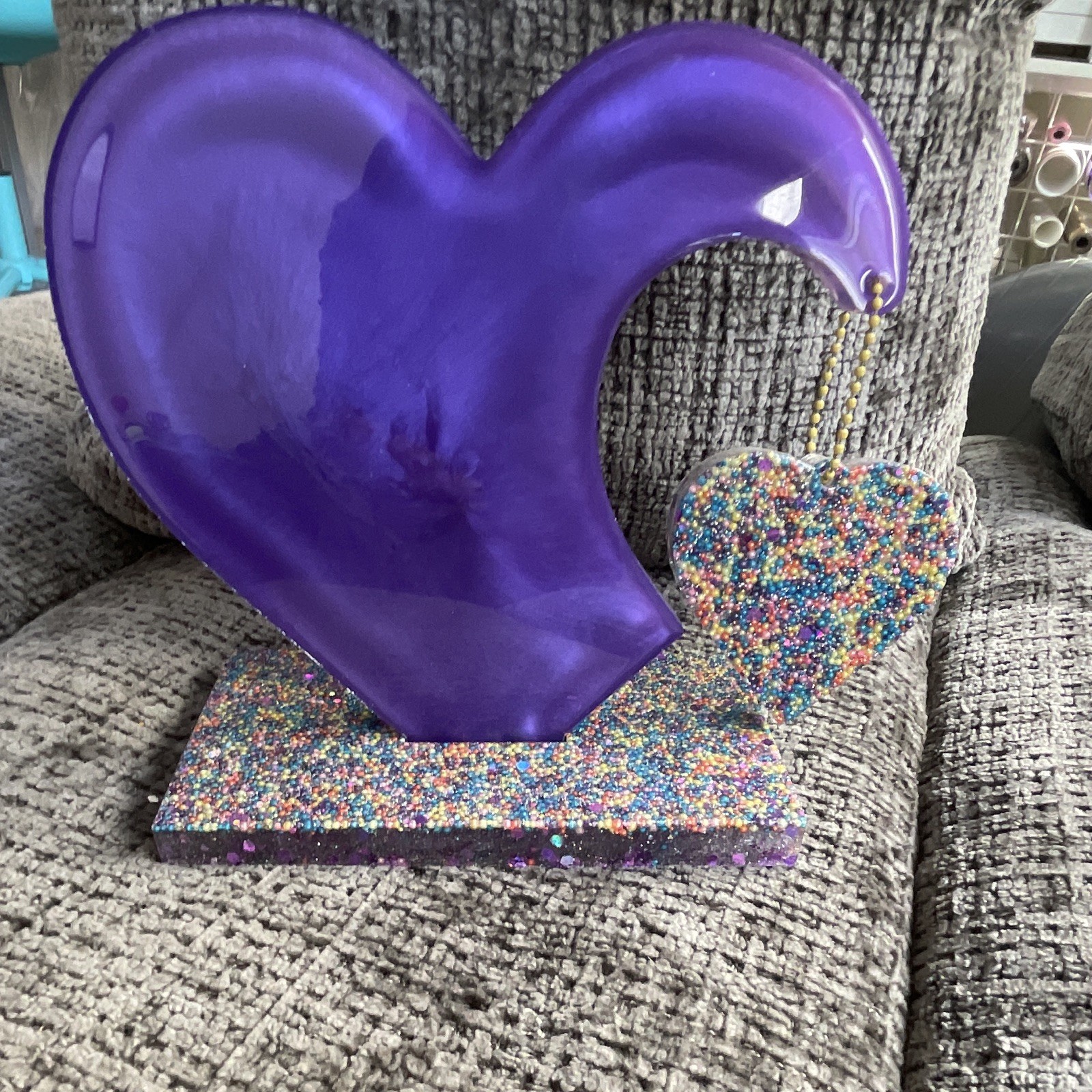 Handmade Resin Hanging Heart /w Sprinkles In Base And Little Heart