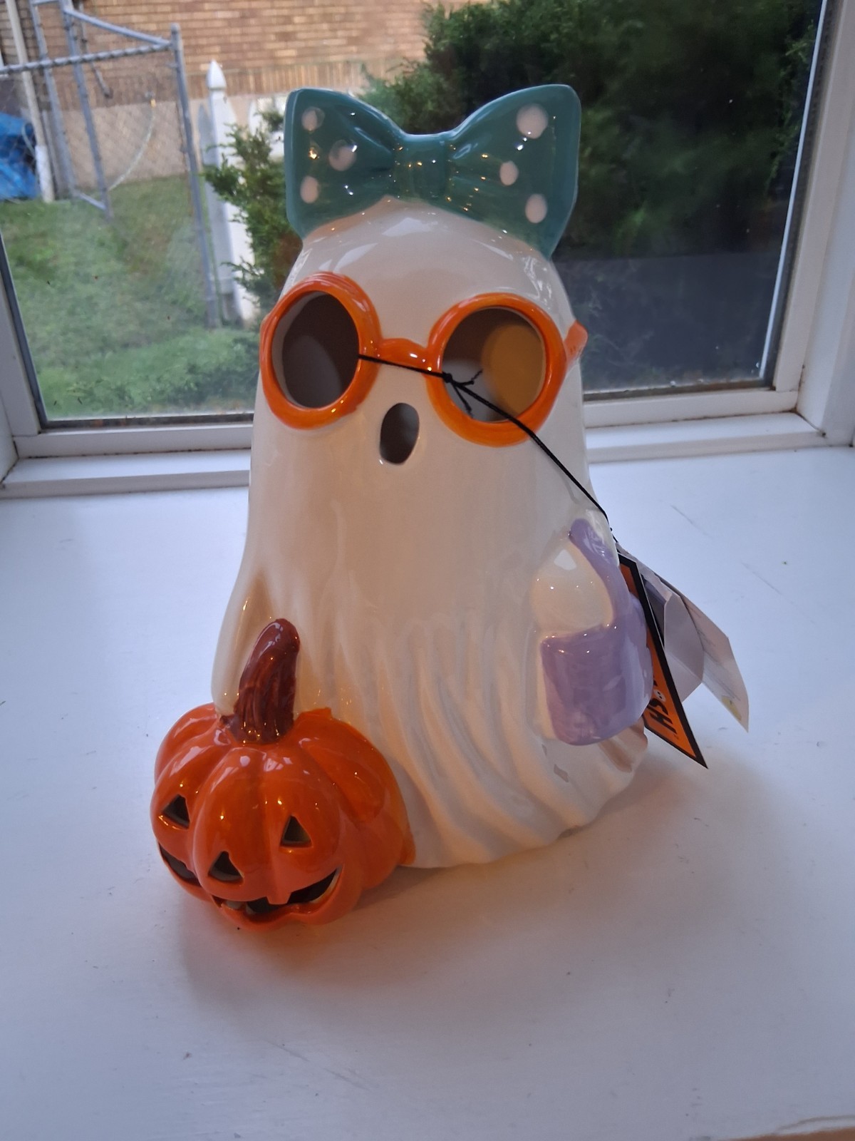Ghoulish Light Up Ghost With Blue Bow Holding  Purple Purse w/ Pimpkin LED NWT