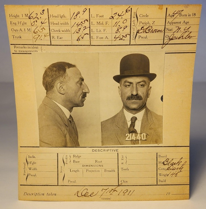1911 ORIGINAL SAN FRANCISCO POLICE BOOKING SHEET GRAND LARCENY JEWELER (#1)
