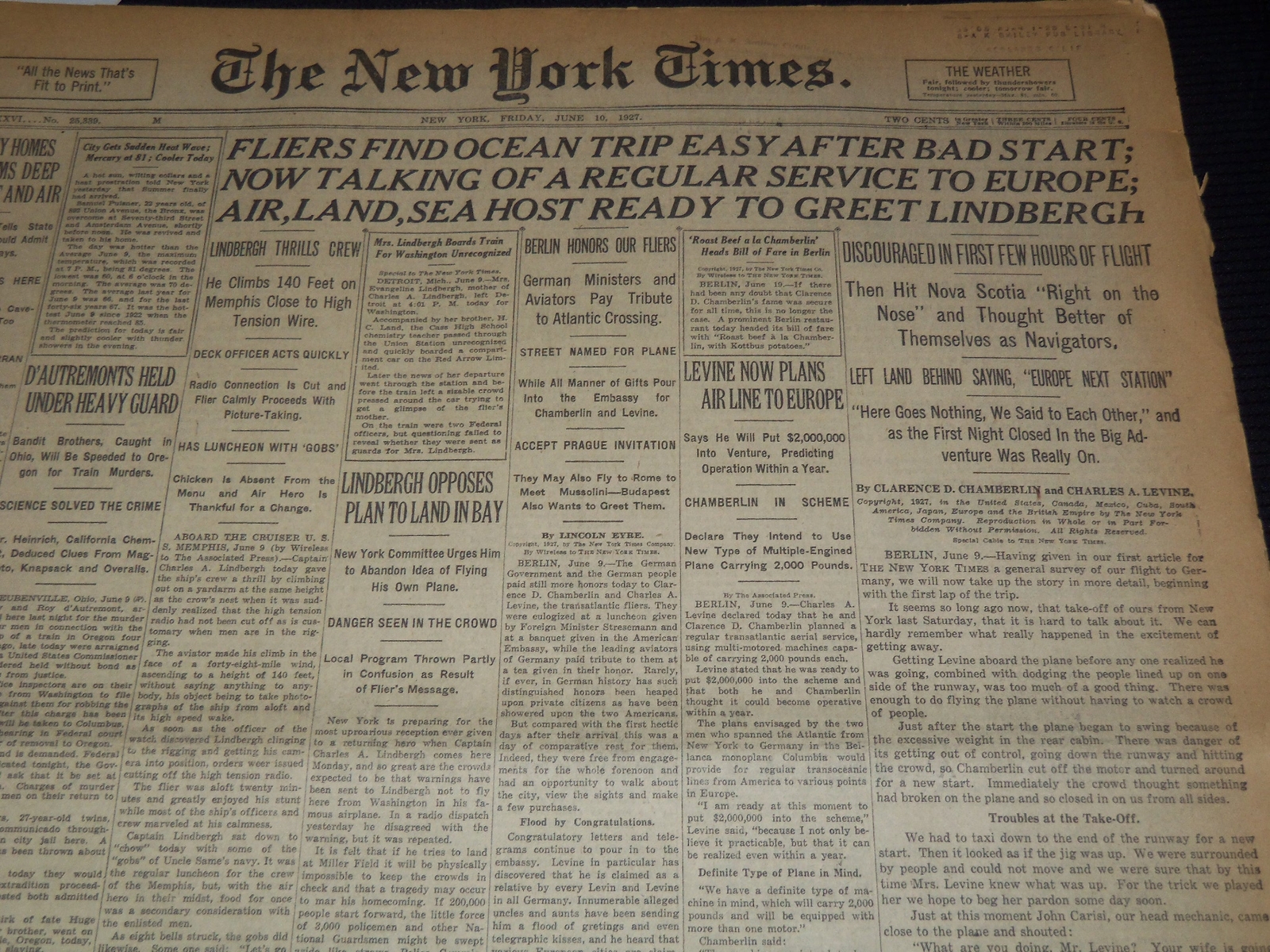 1927 JUNE 10 NEW YORK TIMES NEWSPAPER - SEA HOST GREET LINDBERGH - NT 9548