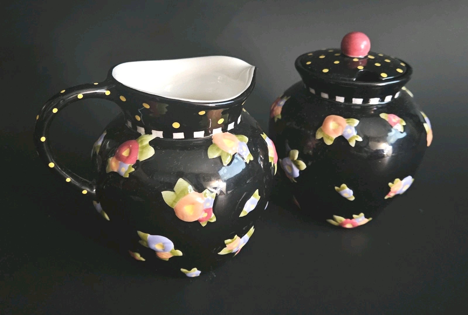 1998 Mary Engelbreit Cottage Collection Cream & Sugar Set Black Floral Print NWT