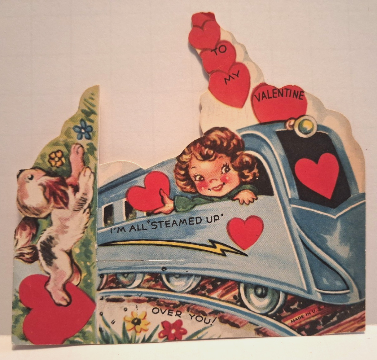 Vintage Valentine Card Little Girl on a Train & Puppy Dog 