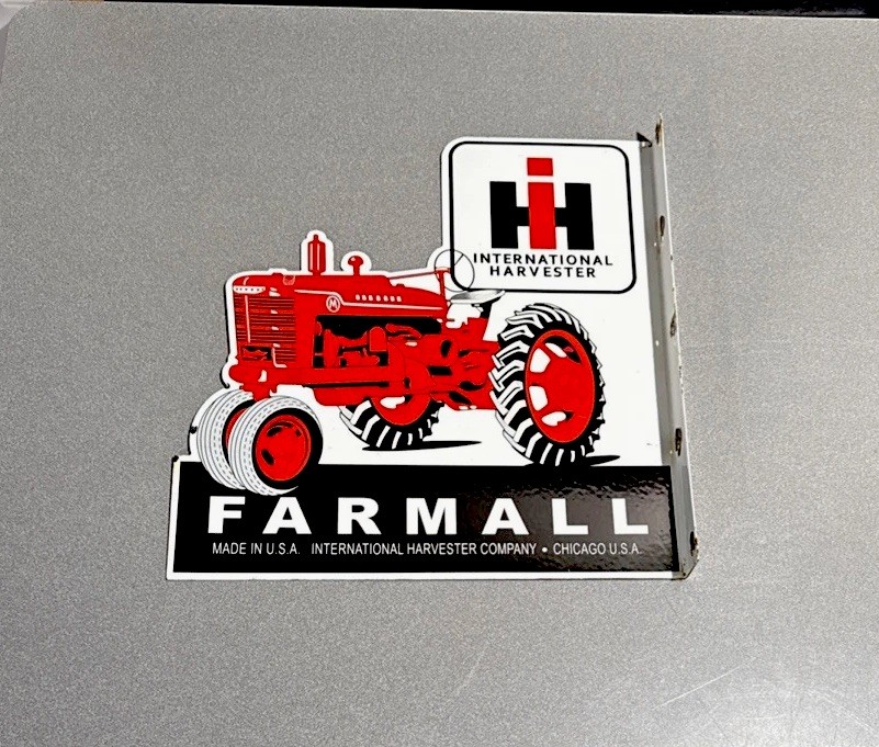 VINTAGE 18” FARMALL INTERNATIONAL DOUBLE SIDED FLANGED PORCELAIN SIGN OIL GAS