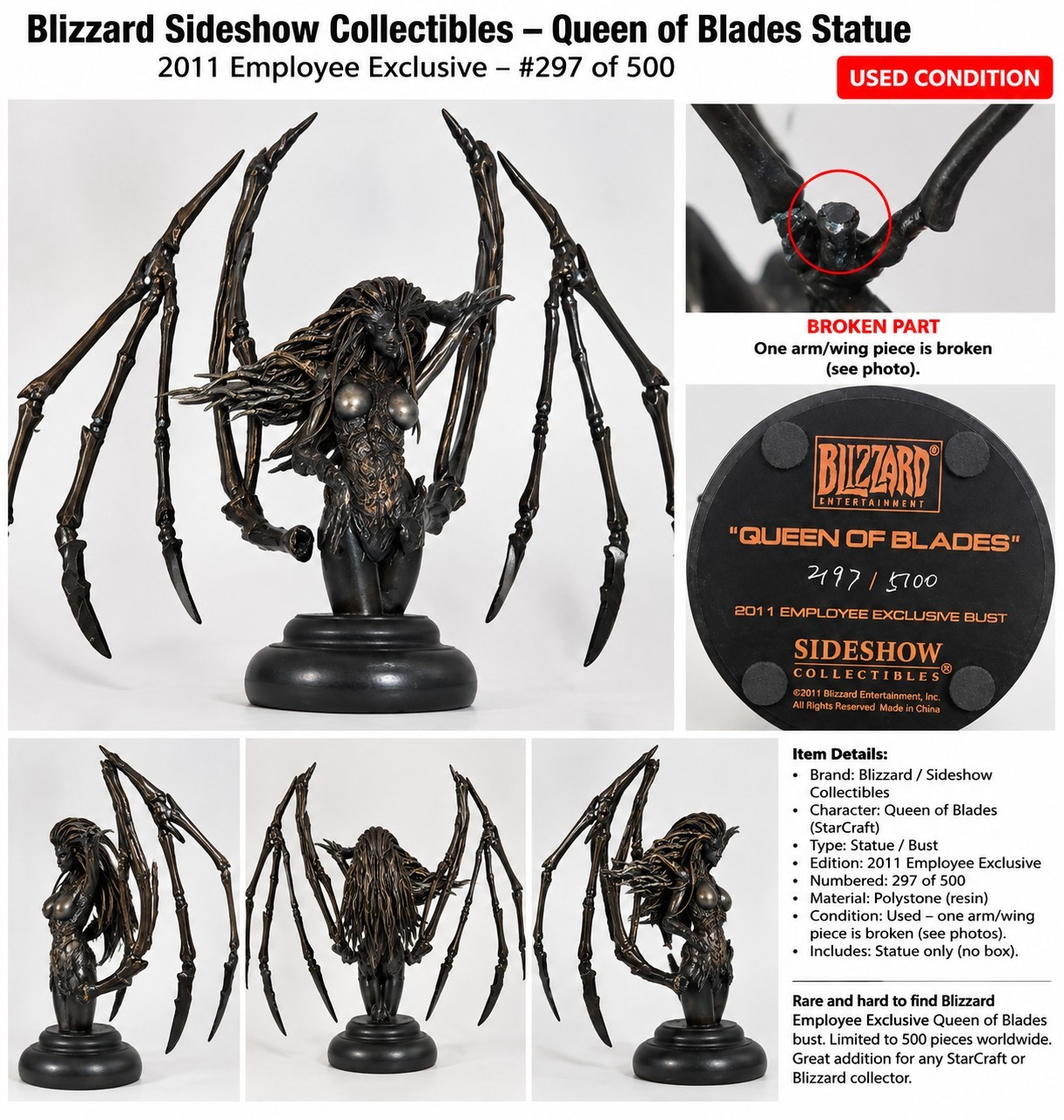 Blizzard 2011 Employee Exclusive StarCraft Kerrigan Queen Blades Statue Damaged