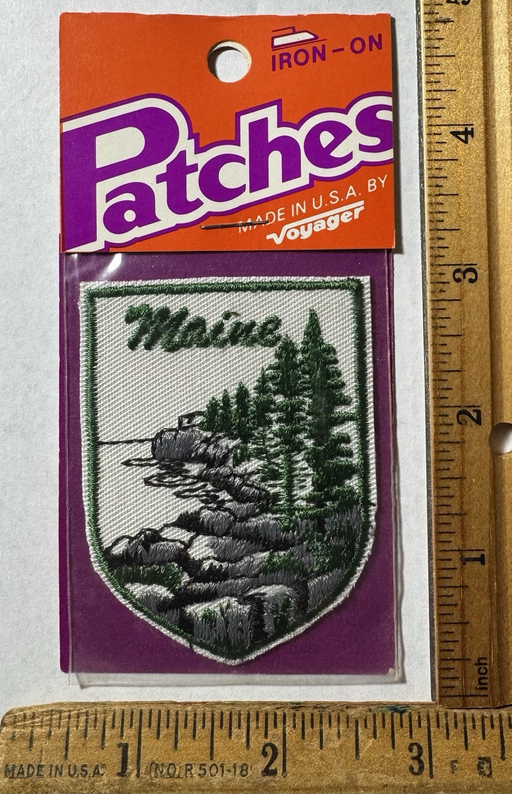Vintage Maine Iron On Patch Voyager Travel Souvenir Rocky Coastline Pine Trees