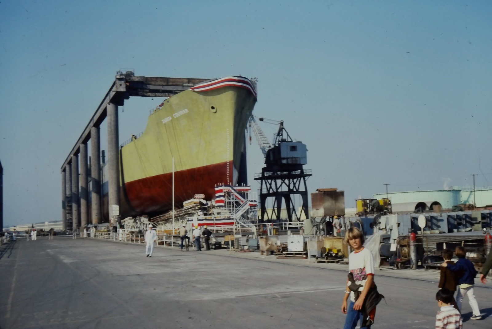 c1970\'s Kodachrome 35mm Slide, Zapata Courier Ship Launching Dry Dock yellow