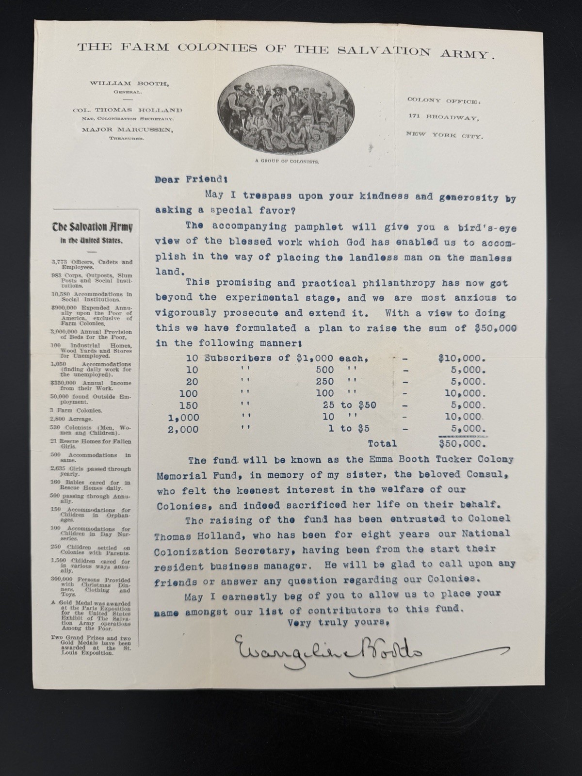 Rare 1900s Signed Evangeline Booth Salvation Army Farm Colony Letter & Stats