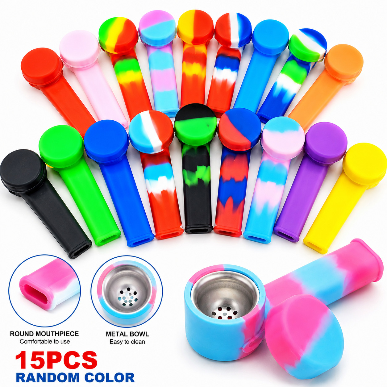 15PCS Silicone Smoking Hand Pipe With Metal Bowl &Cap Lid Pocket Pipe 2026 US