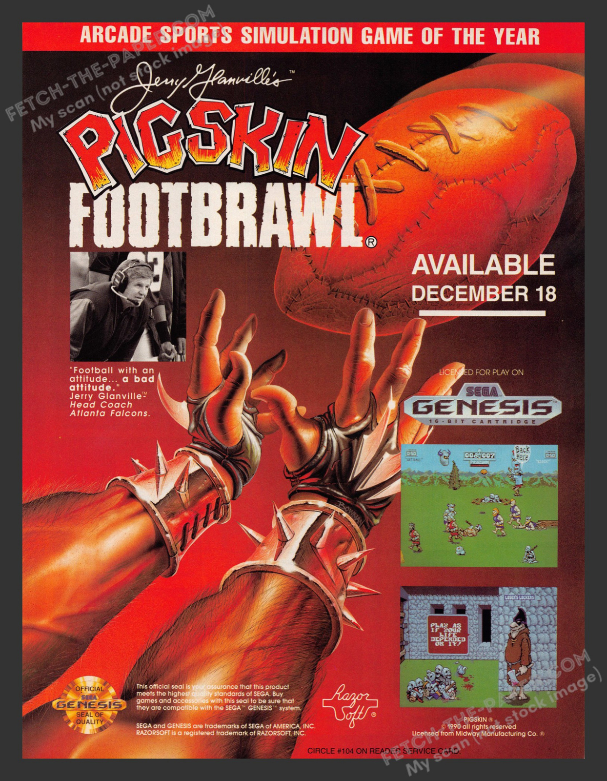 Pigskin Footbrawl Jerry Glanville Video Game 1990s Print Advertisement Ad 1990