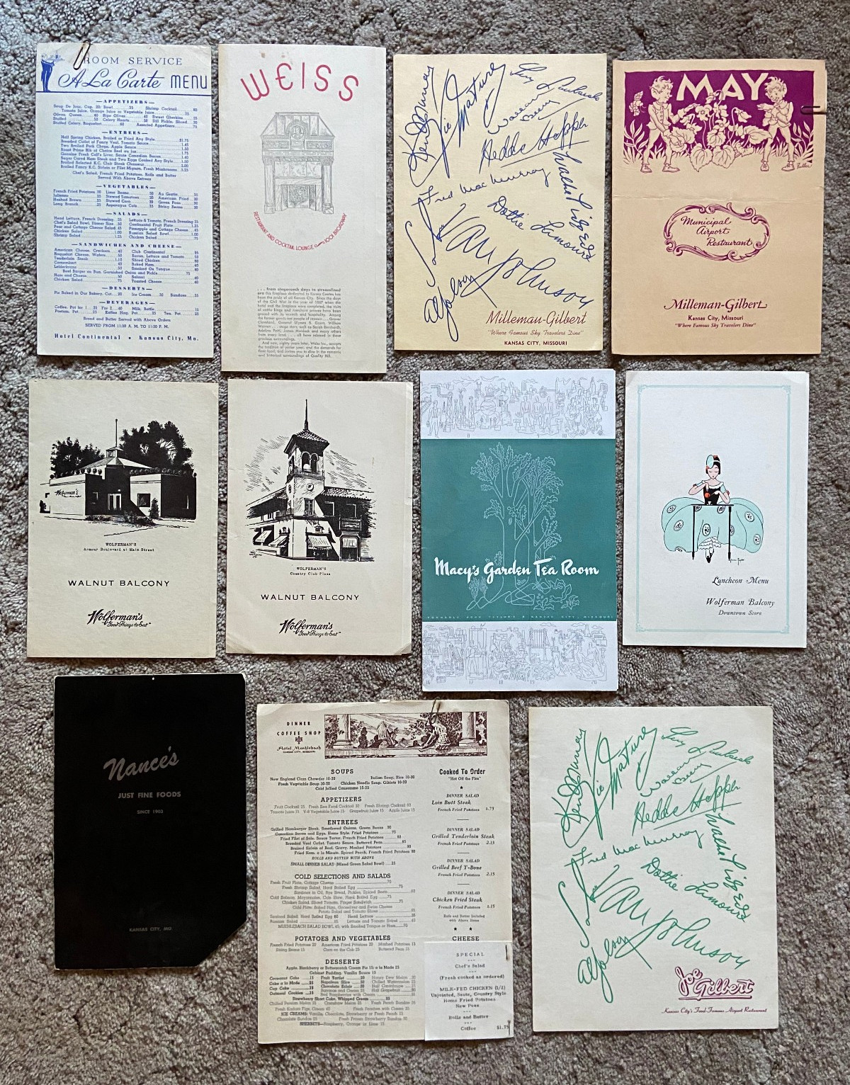 Lot of 11 Vtg 1940s KANSAS CITY Restaurant Menus WEISS Wolferman's MACY'S & More