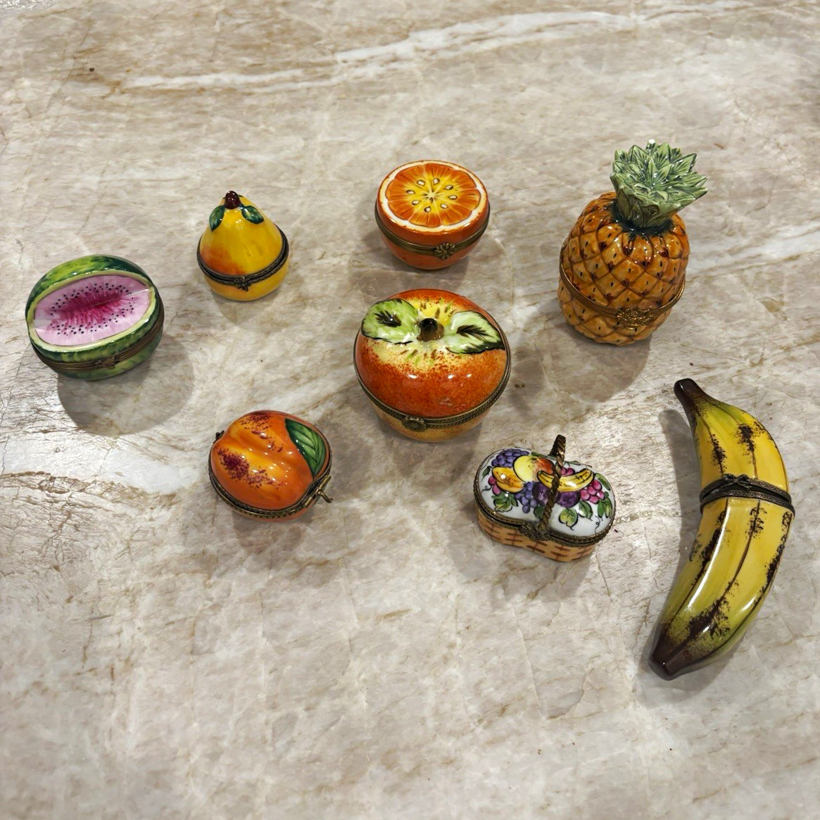 Lot of 8 Limoges Porcelain Fruit-Shaped Hinged Trinket Boxes w/ Metal Trim