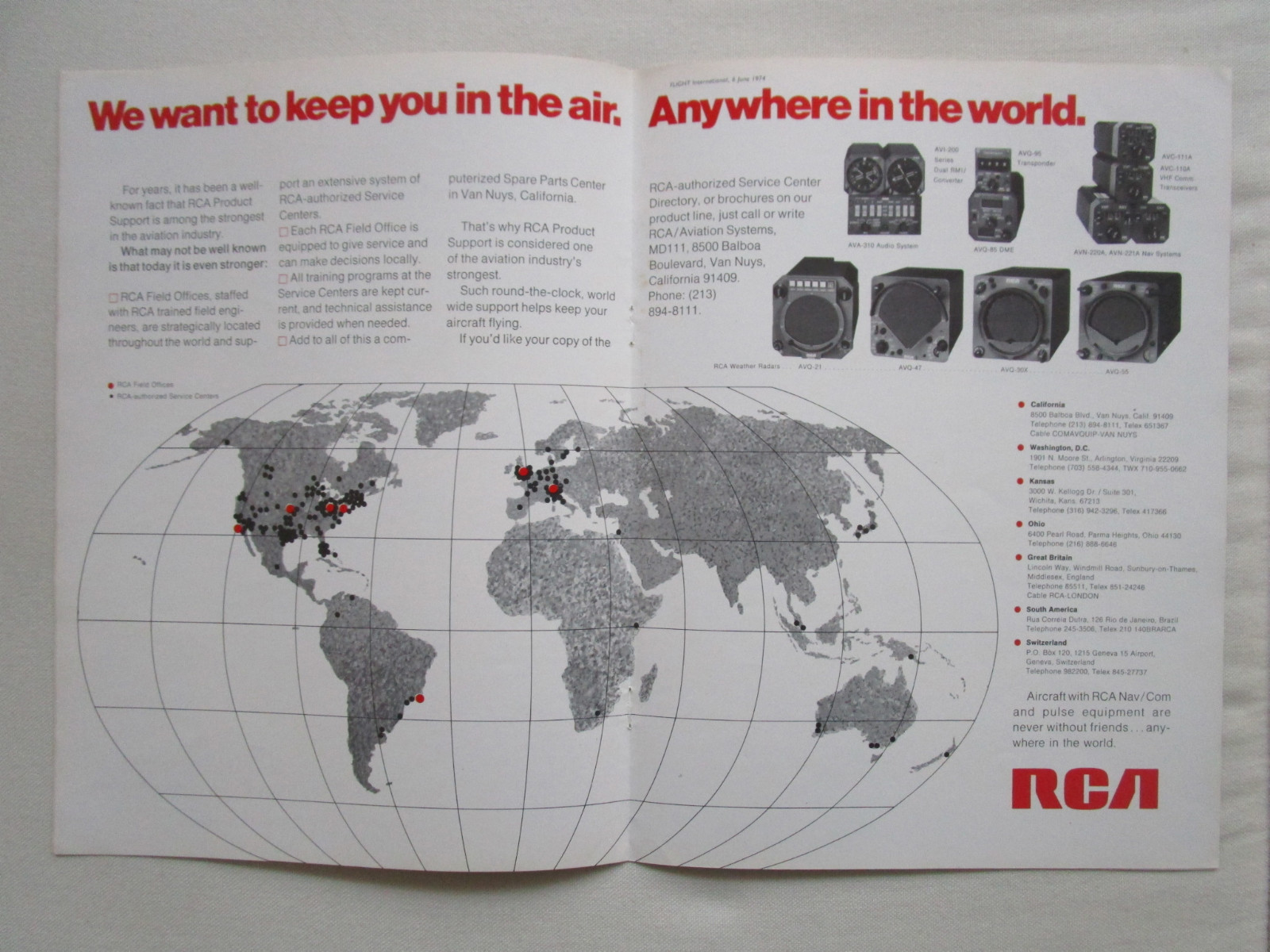 4/1974 PUB RCA AVIONICS SYSTEMS WEATHER RADAR TRANSCEIVER TRANSPONDER AD