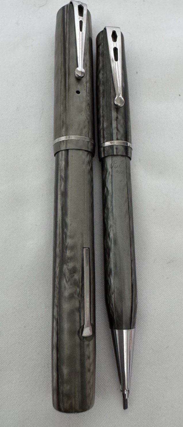 ESTERBROOK ANTIQUE FOUNTAIN PEN & PENCIL SET, Grey Pearl/silver marbled. Rare