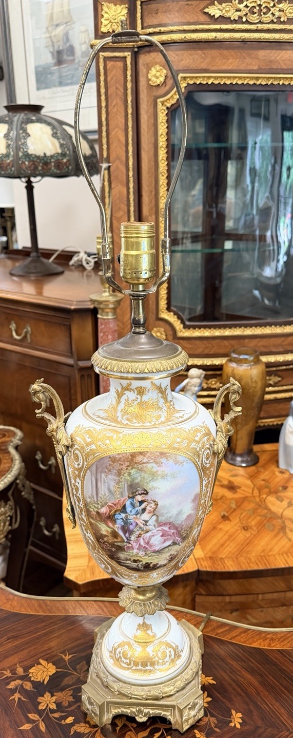 Antique FRENCH 19th C Gilt Bronze White Scenic SEVRES PORCELAIN Urn VASE as LAMP