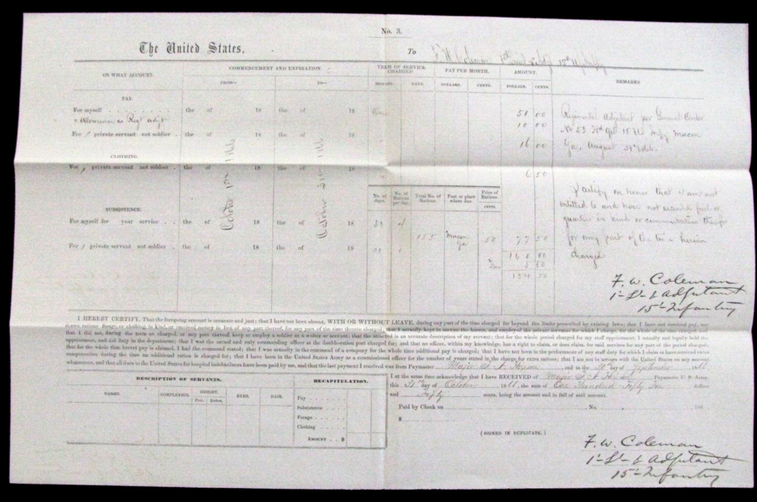 CIVIL WAR MACON GEORGIA 1866 RECONSTRUCTION US OFFICER & SERVANT PAY