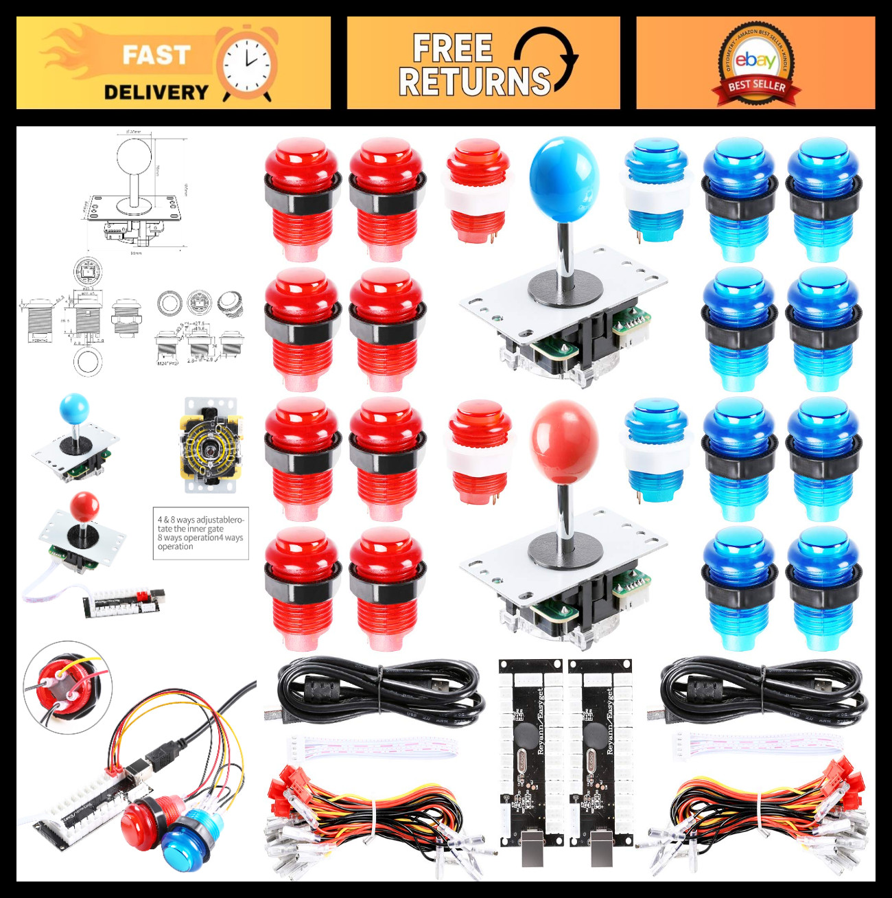 DIY Arcade Parts Kit: 2x USB Encoder, 2x 8-Way Joysticks, 20x LED Push Buttons -