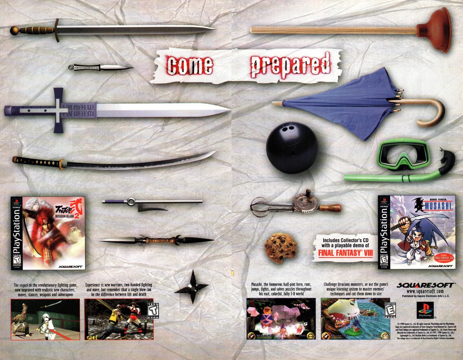 VINTAGE ADVERTISING BUSHIDO BLADE 2 & MUSAHI VIDEO GAMES FOR PLAYSTATION 1998