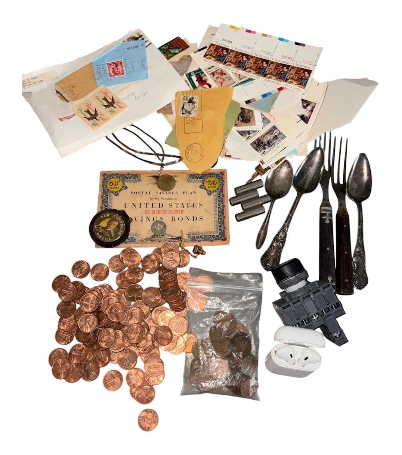 Antique/Vintage Junk Drawer Sterling Silver, Coins, Electronics, Stamps, More