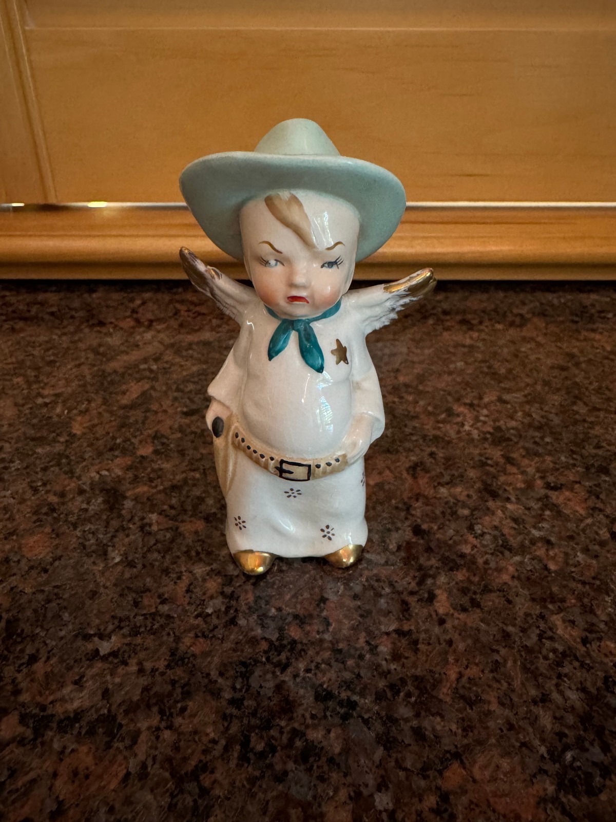 Vintage 1950\'s Angel Cowboy w/ Hat & Gun Belt Ceramic Figurine Japan