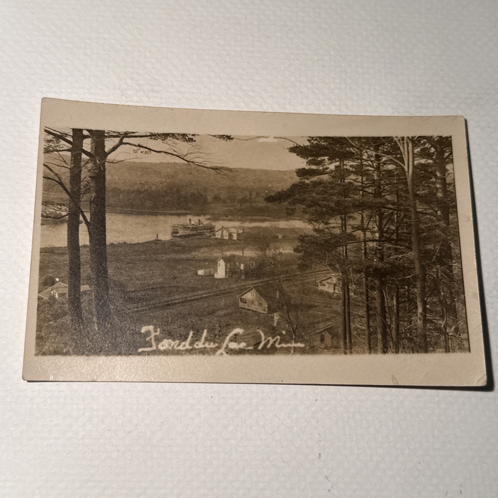 Vintage Real Photo Postcard Rppc Fond Du Lac Minnesota Birdseye View Riverboat