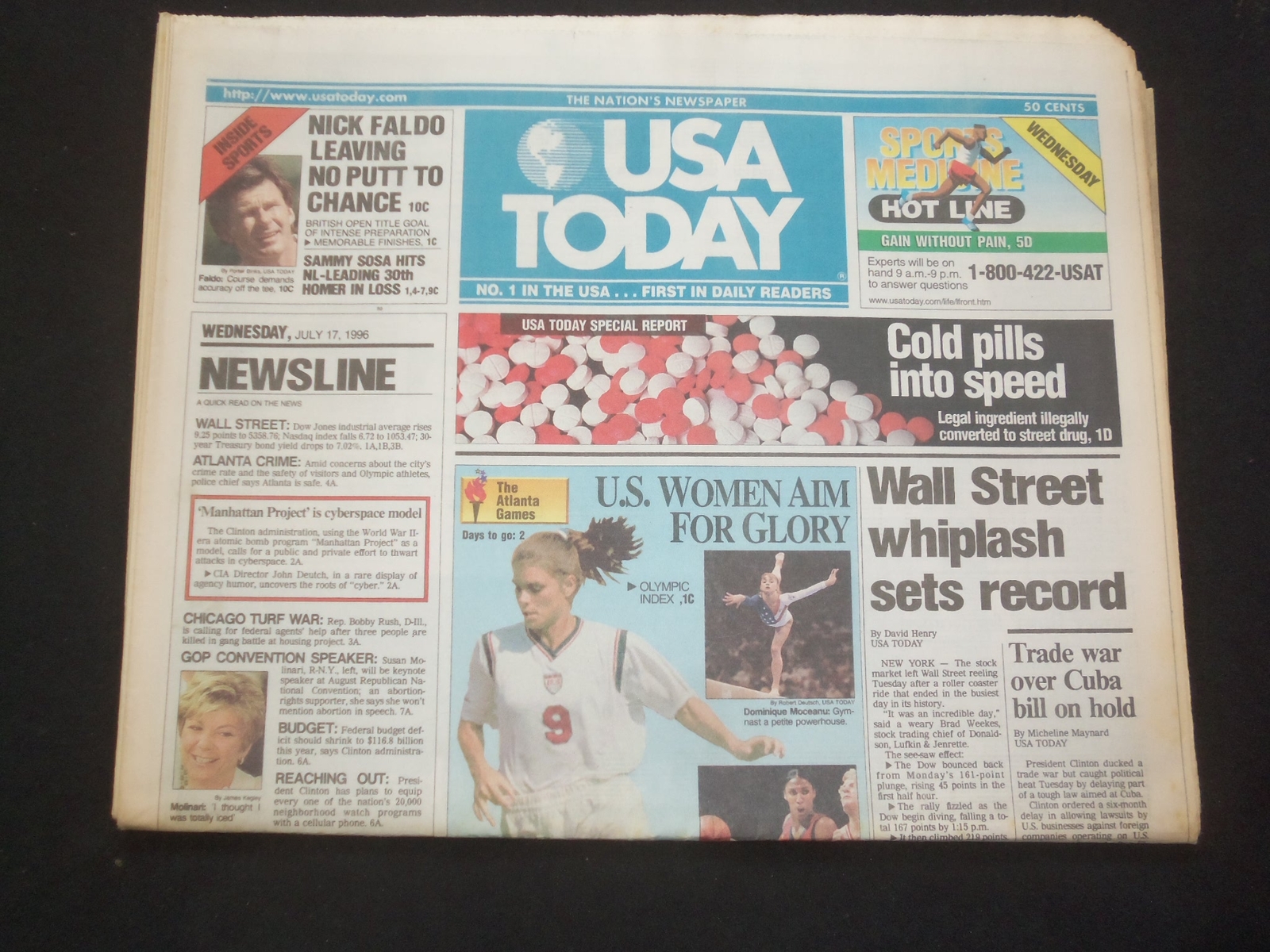 1996 JULY 17 USA TODAY NEWSPAPER - WALL STREET WHIPLASH SETS RECORD - NP 7822