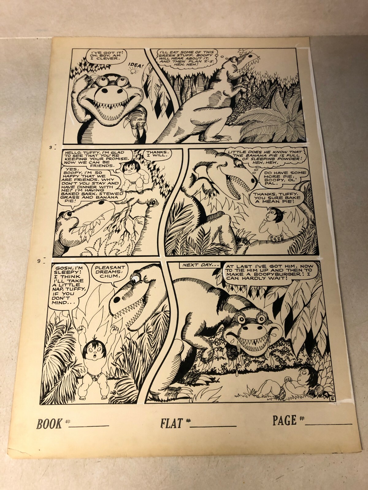 BOOPY THE CAVE BOY original art VEGETARIAN DINOSAUR T-REX 1940s BAKED BARK 