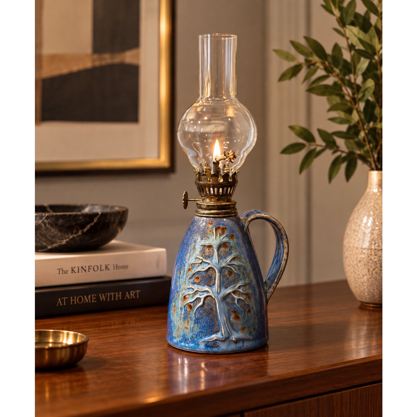 Vintage Studio Pottery Oil Lamp Attributed to Carlos Robledo Blue Tree Design