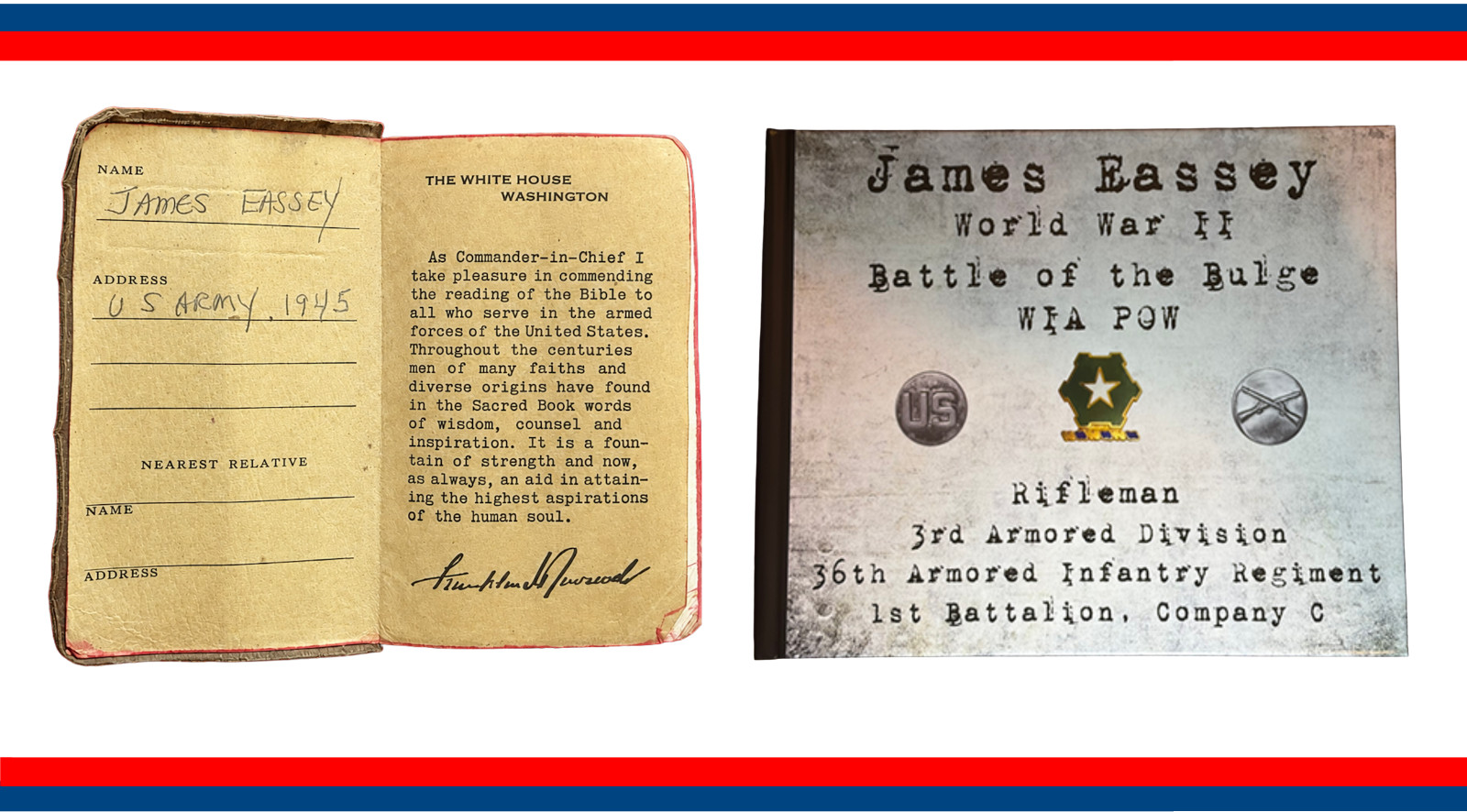 WWII Battle of the Bulge WIA POW Named Bible + Illustrated Soldier Hardcover