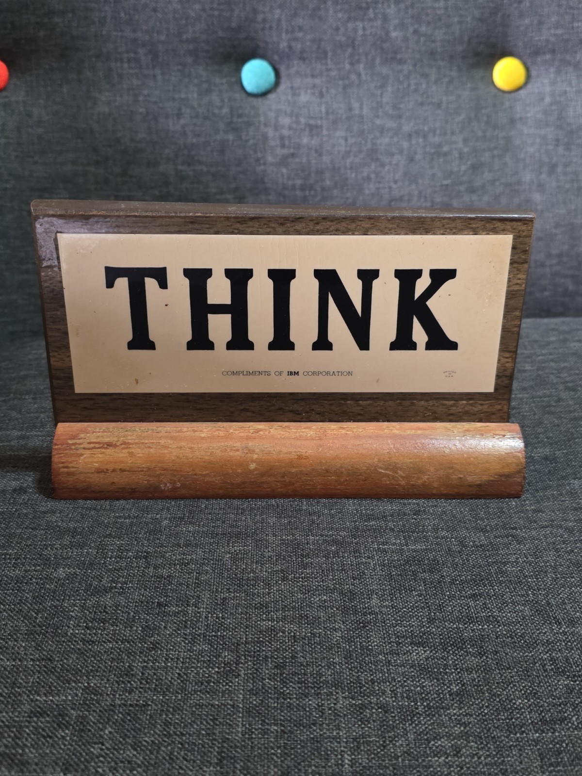 Vintage Early IBM THINK Sign Desktop Double Sided Wood Desk Plaque 7.25