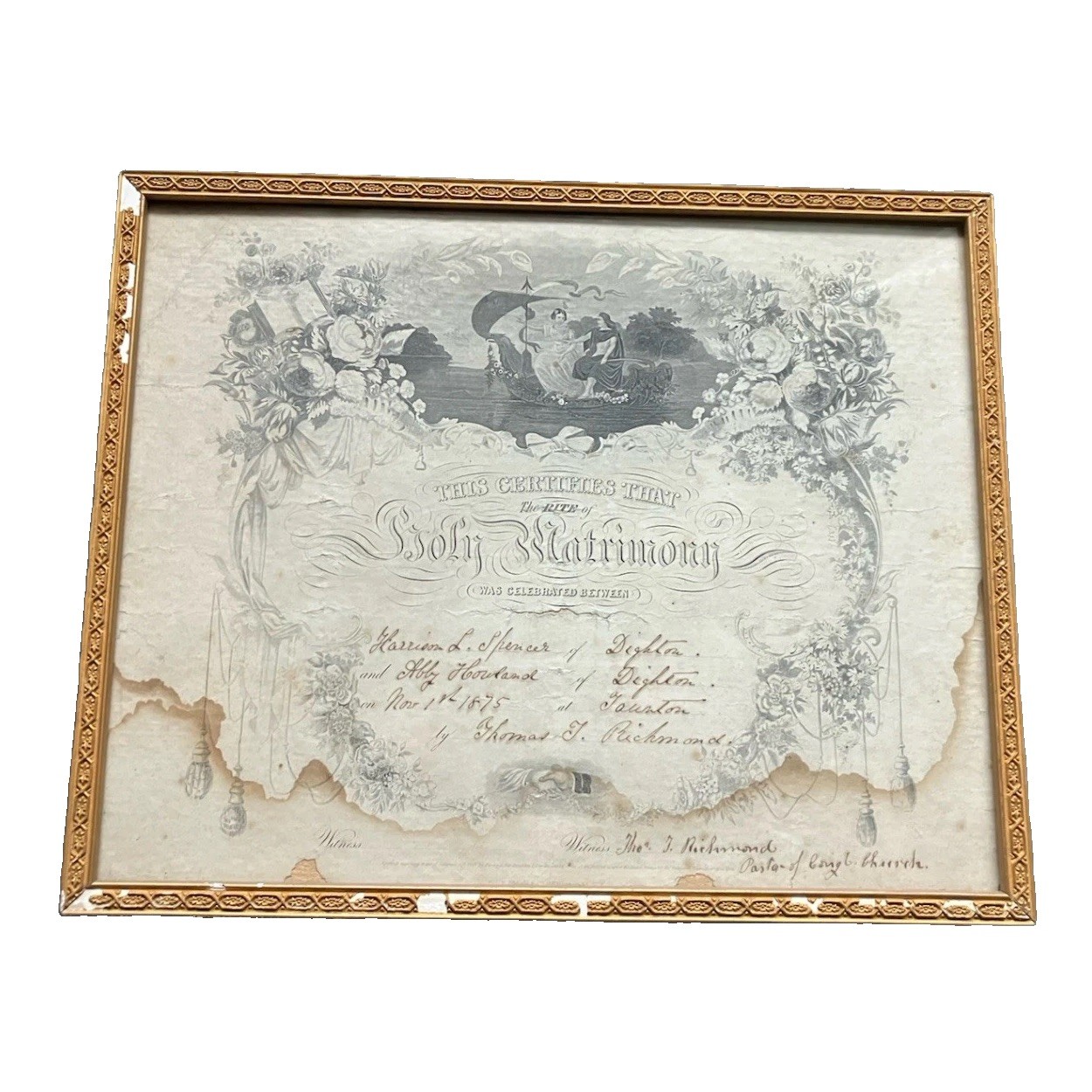 1875 Marriage Certificate Antique Wedding Holy Matrimony ephemera