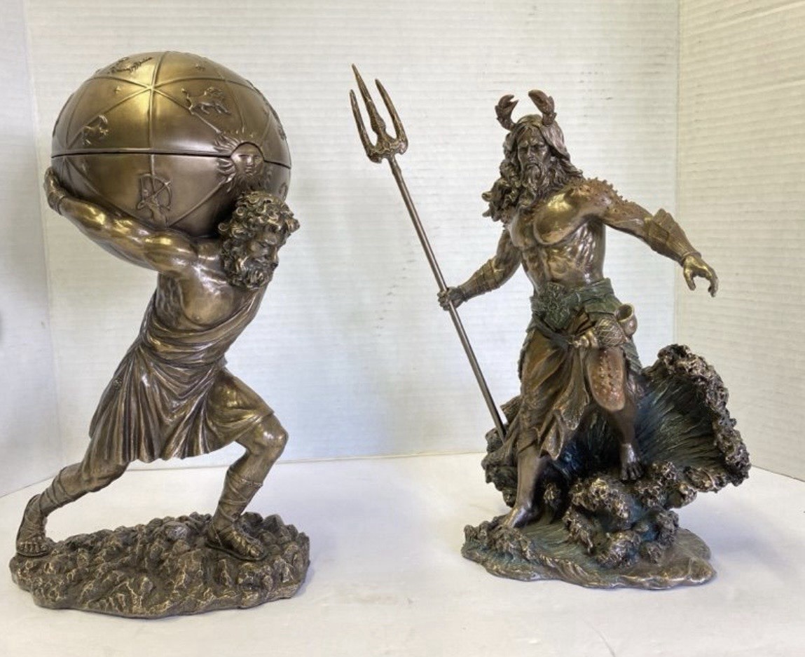 Veronese Atlas Zodiac Box & Poseidon Bronze Finish Greek Mythology Statue Pair