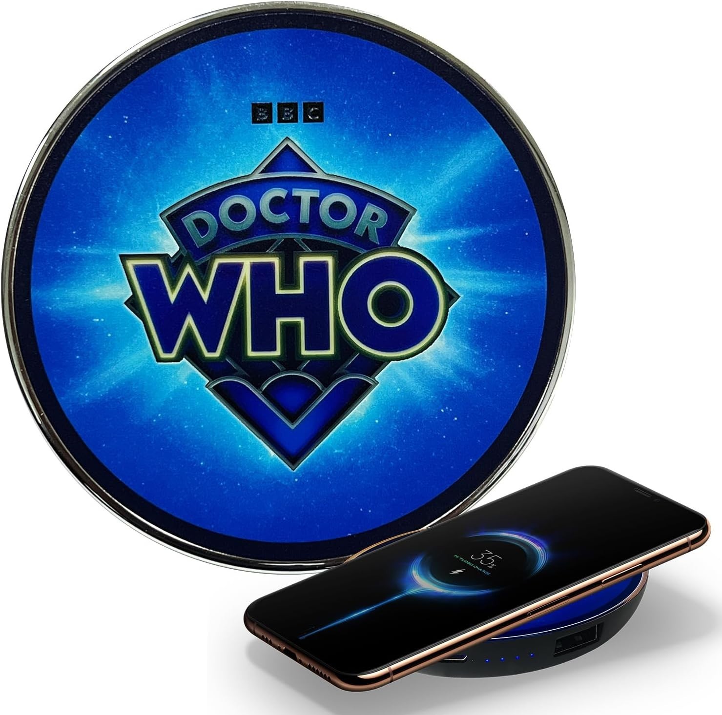 Doctor Who 60th Logo Illuminating Wireless Charger W/ Built-in Backup Battery Pk