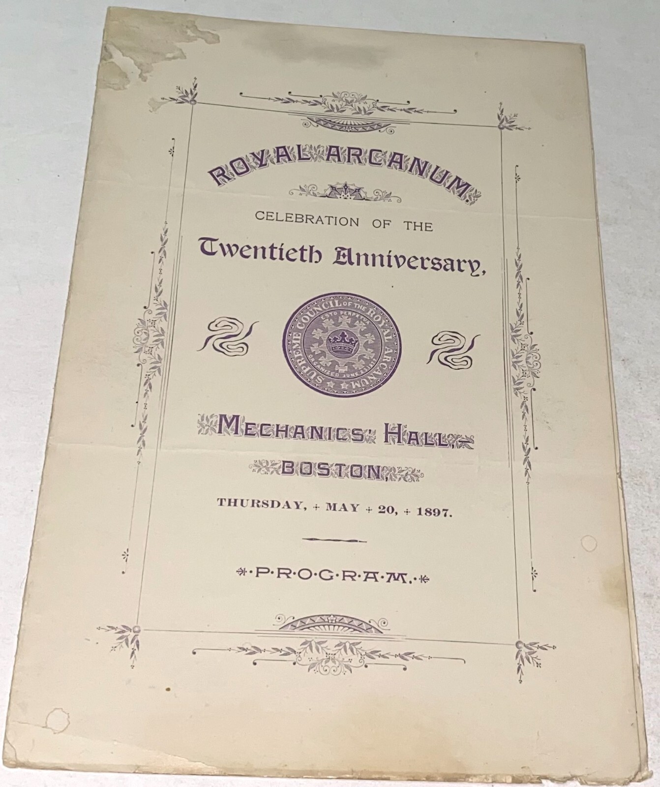 Rare Antique American Royal Arcanum 20th Anniversary Celebration Program 1897