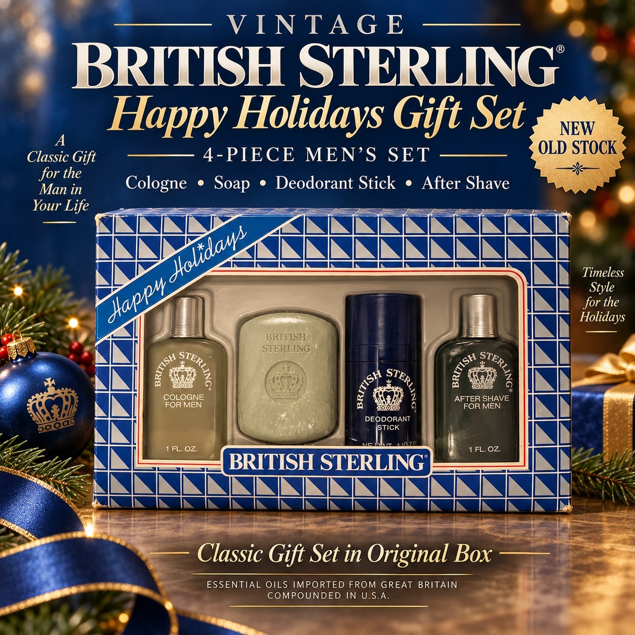 Vintage British Sterling Happy Holidays 4-Pc Men’s Gift Set Speidel Textron NOS