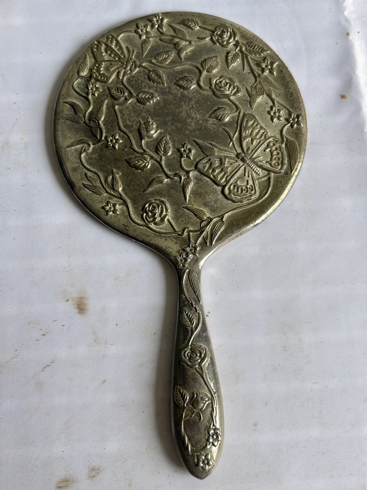 Vintage/Antique Silver Plated Hand Mirror Raised Floral/Leaves 23 x 13 cm dia