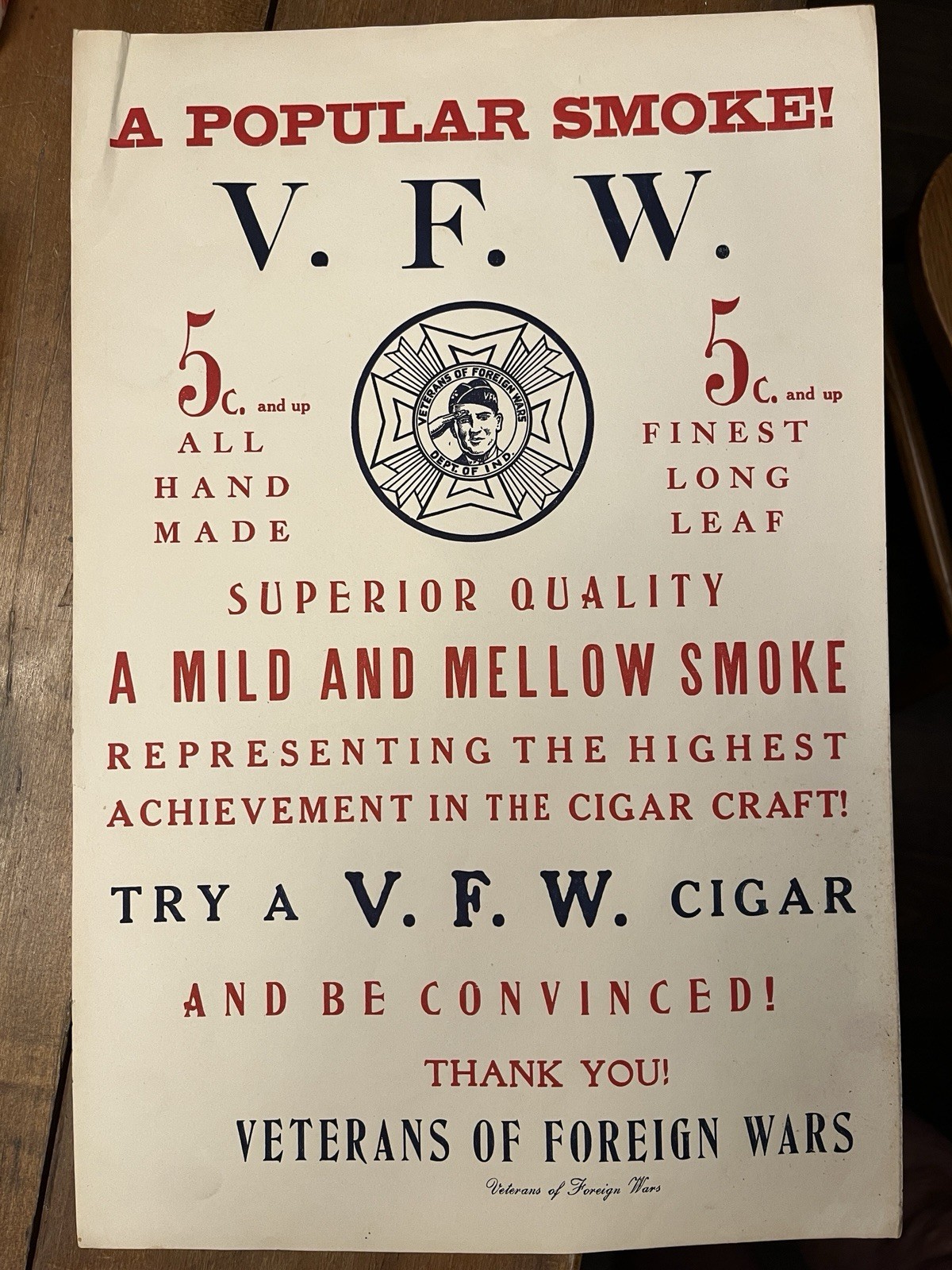 Vintage 20’s V.F.W. Broadside Fundraising Cigar Poster - First Edition Not Repop