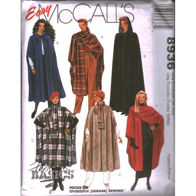 Vintage Easy McCalls 8936 Misses Capes Sewing Pattern Hooded Cloak Sizes 6-20