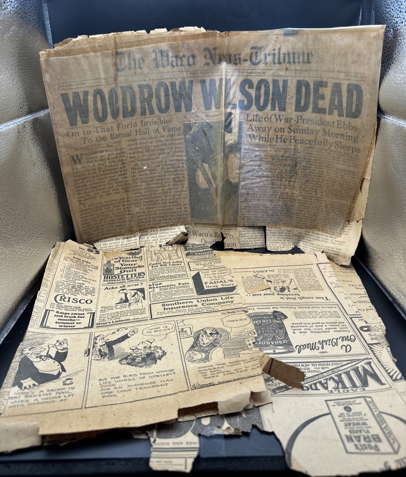 VINTAGE NEWSPAPER HEADLINE ~PRESIDENT Woodrow Wilson DEAD Waco News 1924