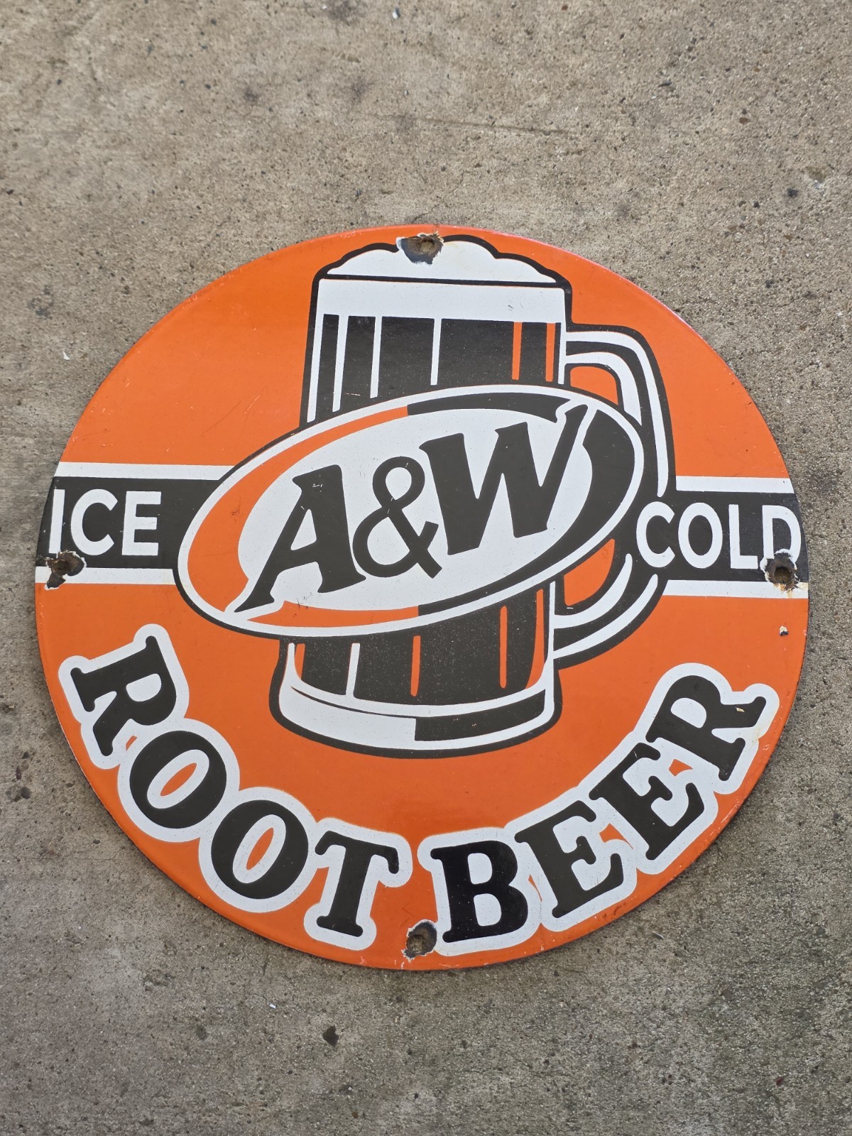 VINTAGE A&W ICE COLD ROOT BEER PORCELAIN SIGN 12