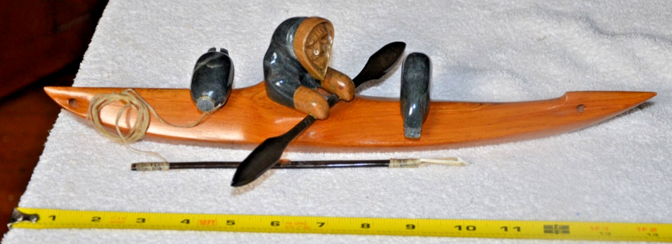 Vintage Alaska Inuit Wood Kayak w/ Stone Hunter, by Charlie Komakhuk c1999