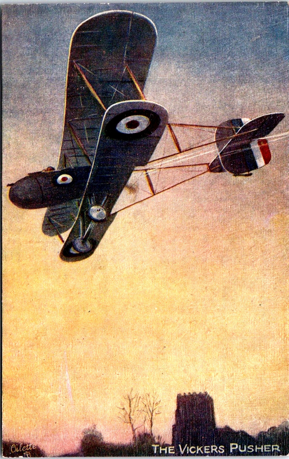 Postcard Aviation Vicker\'s Pusher Bi-Plane Dive Bomber Sunset Tucks#3201 AP-TU