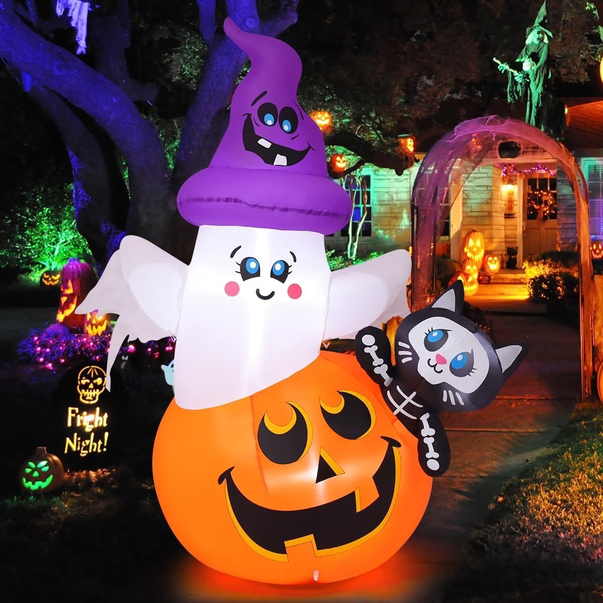 5 FT Halloween Inflatables Pumpkin Ghost Cat Outdoor Decorations Blow Up Yard wi