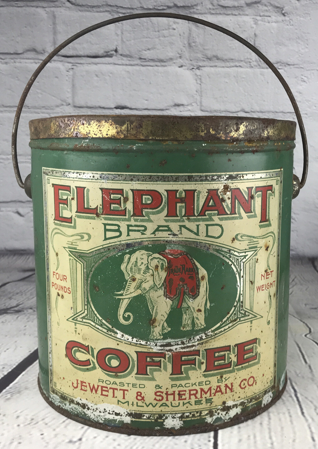 Vtg Elephant Brand Coffee Four 4 Lb Tin Jewett & Sherman Co Milwaukee WI Rare